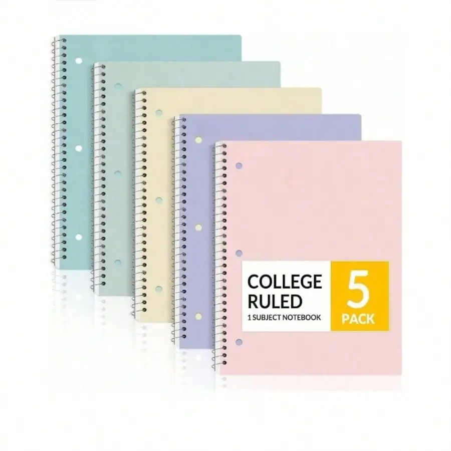 YY Spiral Notebooks, 1-Subject, 5 Pack, College Ruled Paper, 8' X 10-1/2', 70 Sheets Per Notebook, 3-Hole Punched Paper, Pink, Purple, Blue, Green, Yellow Spiral Lined Notebooks For School, Work (Random Color) SS25091966166167461