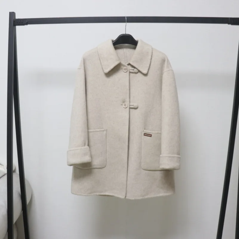 

Women's Chic Turn Down Collar Long Sleeve Loose Wool Coat Lady Autumn Winter Warm Single Breasted Pockets Wool Long Outwear