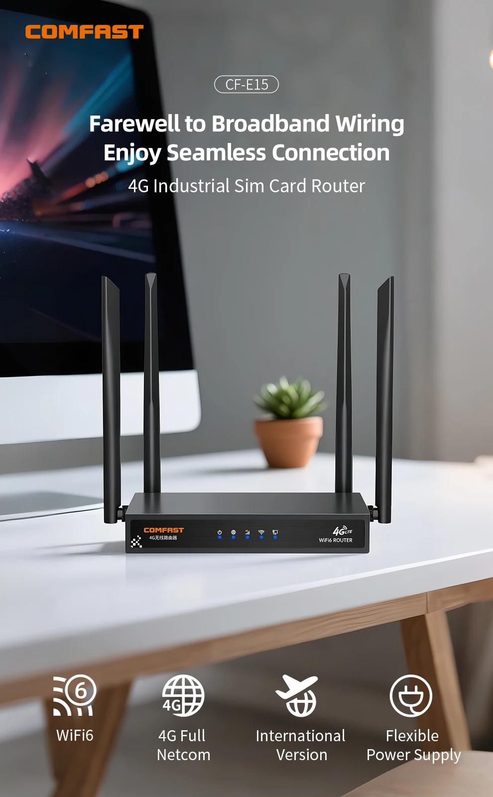 COMFAST AX300 โมเด็ม 4G Lte อุตสาหกรรมซิมการ์ดเราเตอร์ WiFi6 2.4G กลางแจ้งแบบพกพาอินเทอร์เน็ตเราเตอร์ไร้สาย 4 เสาอากาศปลั๊กเพลย์