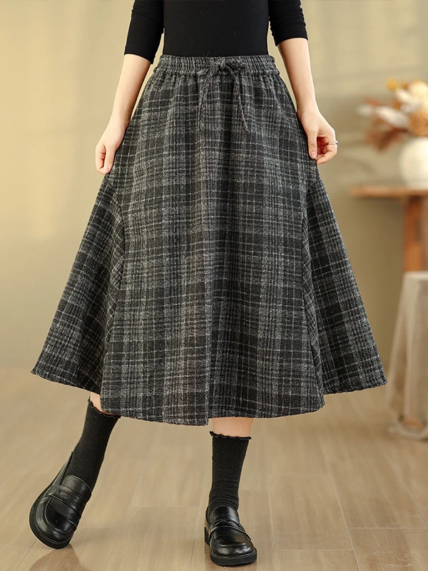 레트로 하이웨이스트 A라인 체크 스커트 여성용 겨울 루즈핏 허리 슬림 미디 스커트 캐주얼 인조 퍼 소재