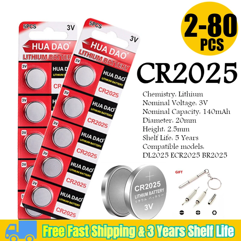 2-80PCS CR2025 3V Lithium Battery for Car Remote Control Watch Button Coin Cells DL2025 BR2025 KCR2025  Cr2025 Battery