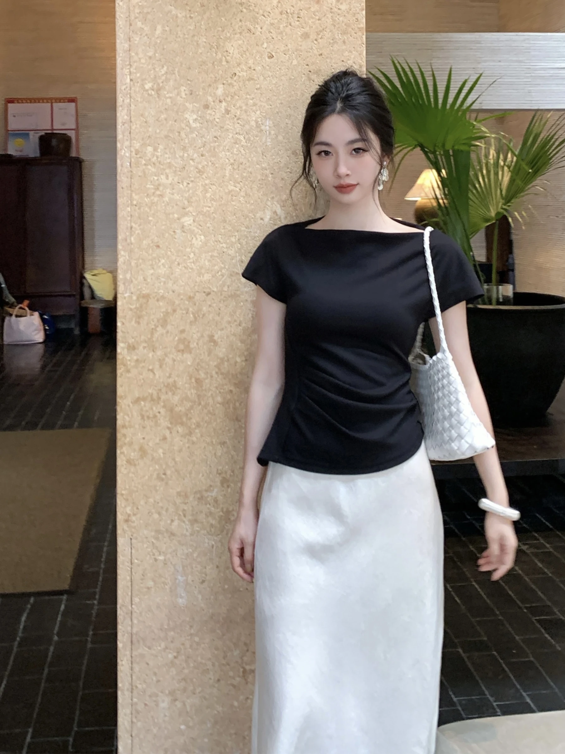 

Slim Fit ort Sve T-irt Women's Original SYT Ele Pleated Waist Design Casual Sle Pure Color Summer New Arrival