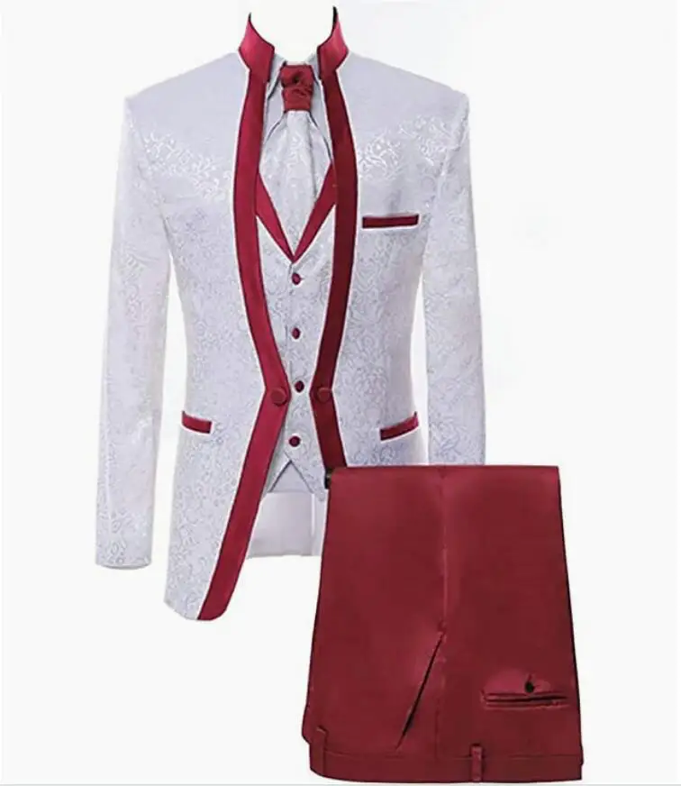 Borgonha cetim casamento terno masculino, noivo smalking, gola xale, jaqueta formal, blazer masculino, calças, colete, traje de 3 peças, branco