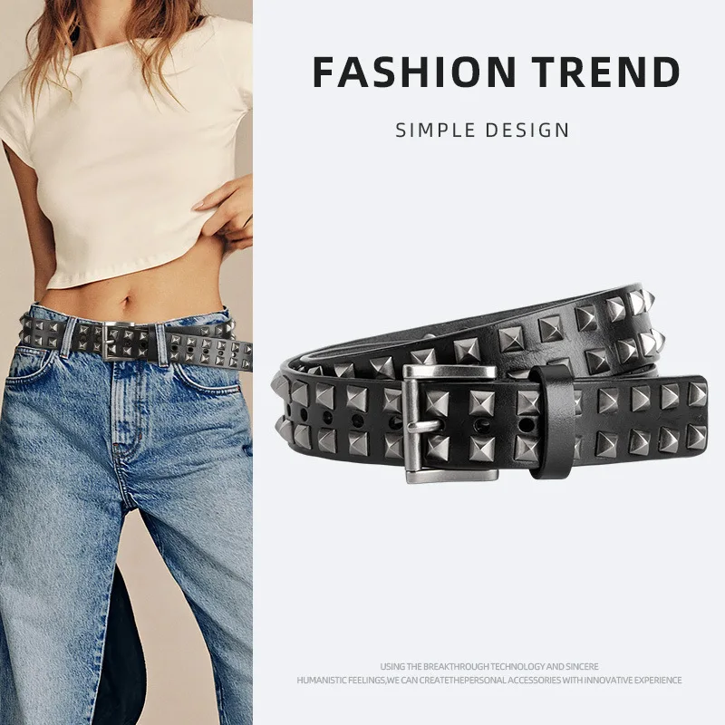 

Punk alloy rivet genuine leather belt for women, decorative belt, hip hop jeans belt