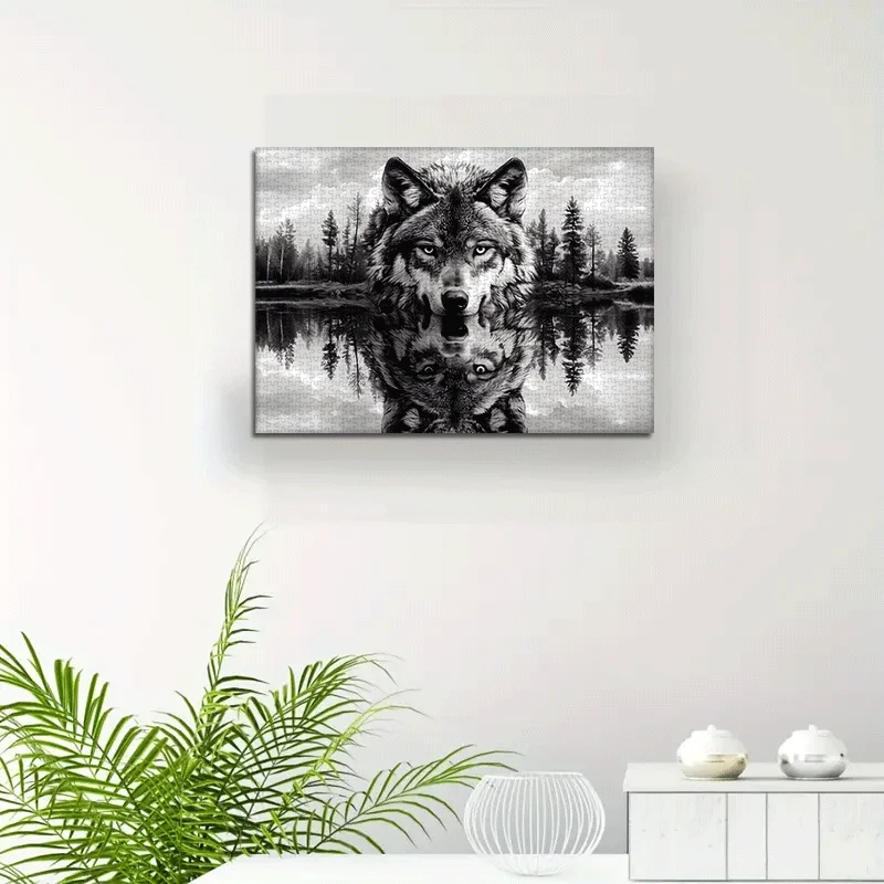 1000pcs Wolf & Forest Reflection Black & White Art Jigsaw Puzzle - Large Challenge Puzzle for Adults, Family Bonding Activity,