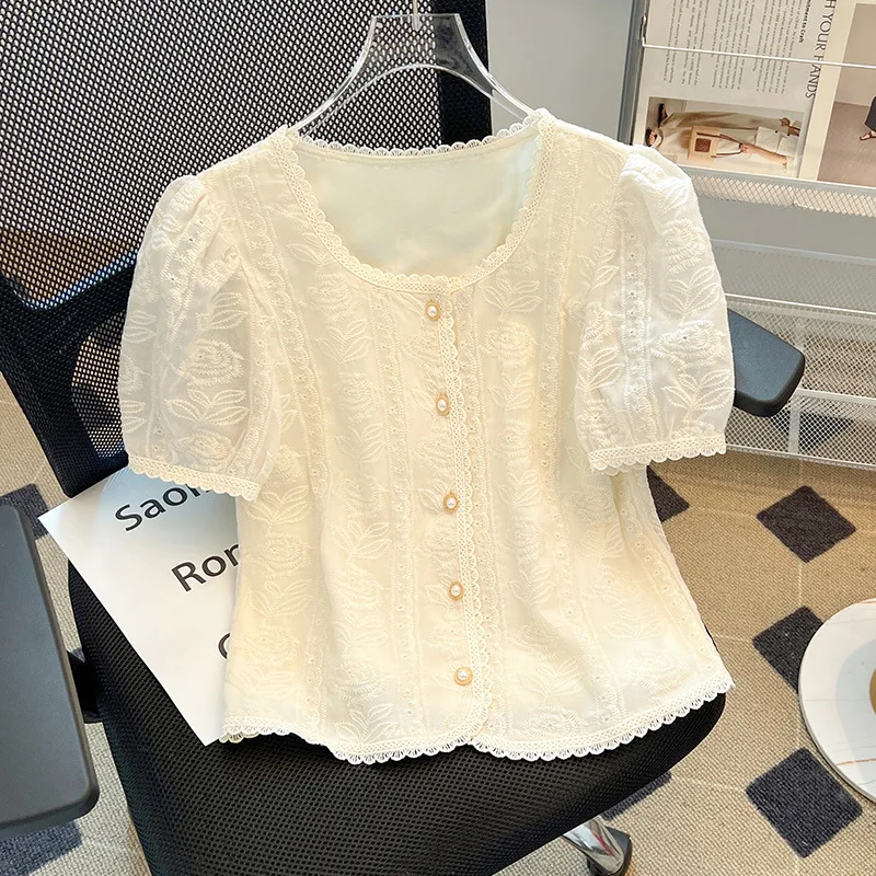 Lace Top Women's 2025 Summer New Temperament Chiffon Shirt Short Sleeve