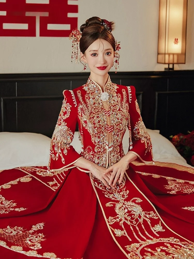 

Velvet dress for brides new style wedding heavy industry Chinese-style and