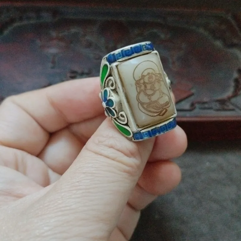 White Jade Maitreya Buddha Inlaid Cloisonne Enamel Silver Ring Vintage Chinese Ethnic Statement Ring
