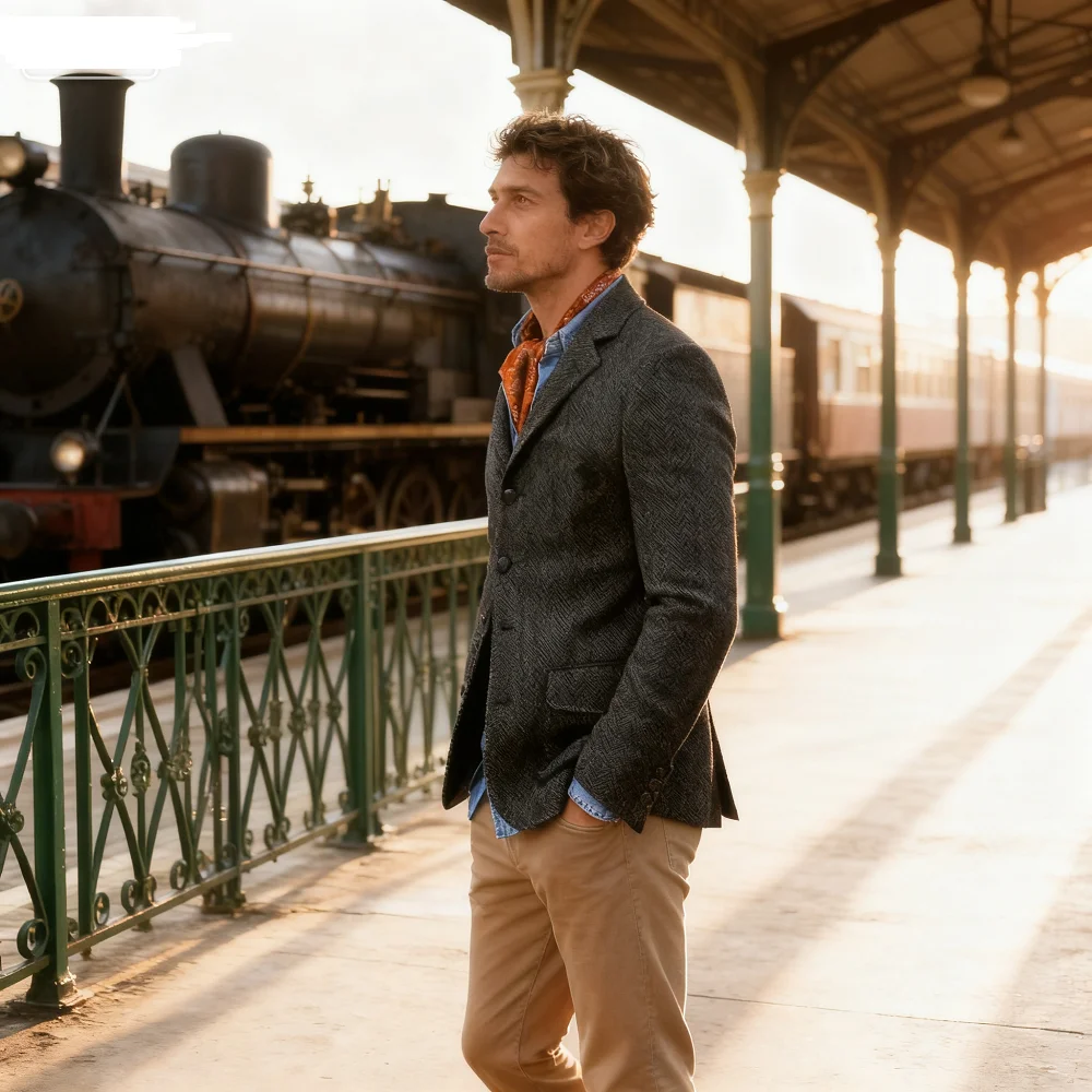 

Мужской коричневый твидовый пиджак с рыбьей косточкой, однобортный деловой пиджак с двумя пуговицами, танцевальное пальто, шерстяное терно, мужское платье