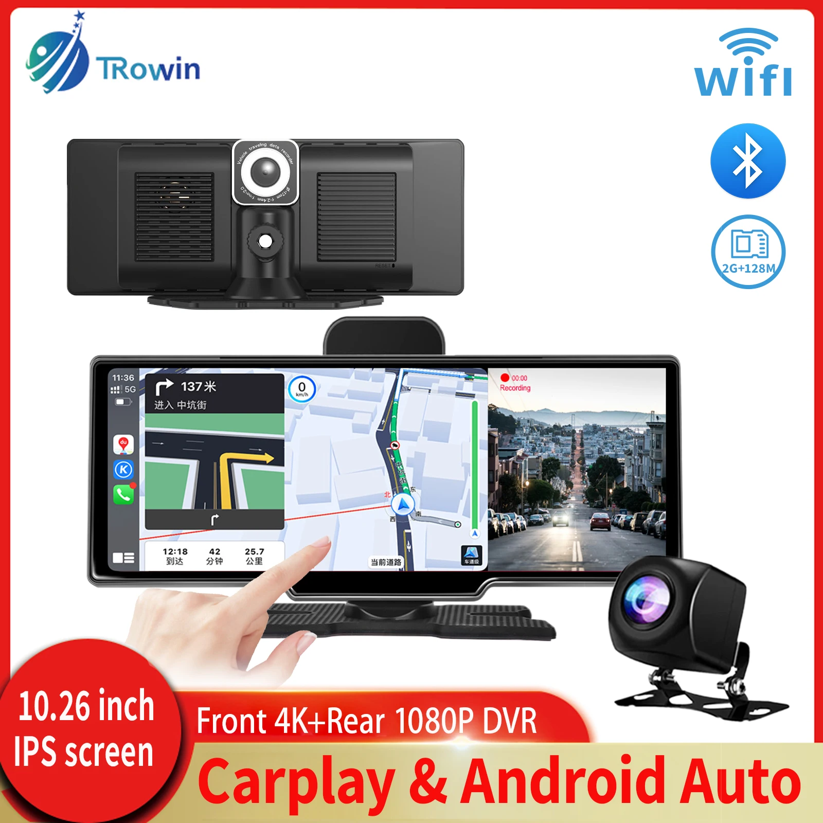 10.26inch Portable IPS High Brightness Touch Screen Carplay&Android Auto WiFi Bluetooth Hands-Free Phone Rear view Camera