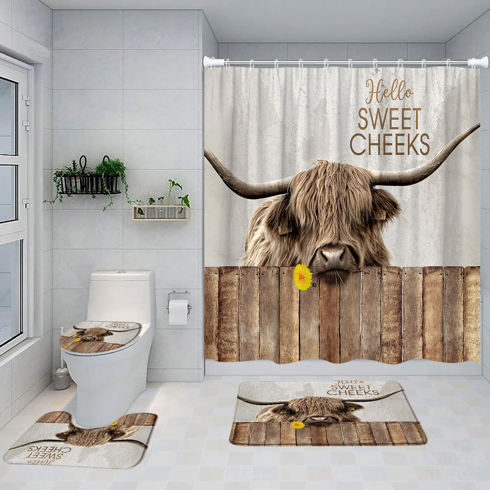 Funny Highland Cattle Shower Curtain Set Farm Cow Yellow Flower Brown Wood Board Bathroom Decor Non-Slip Rug Bath Mat Toilet Lid