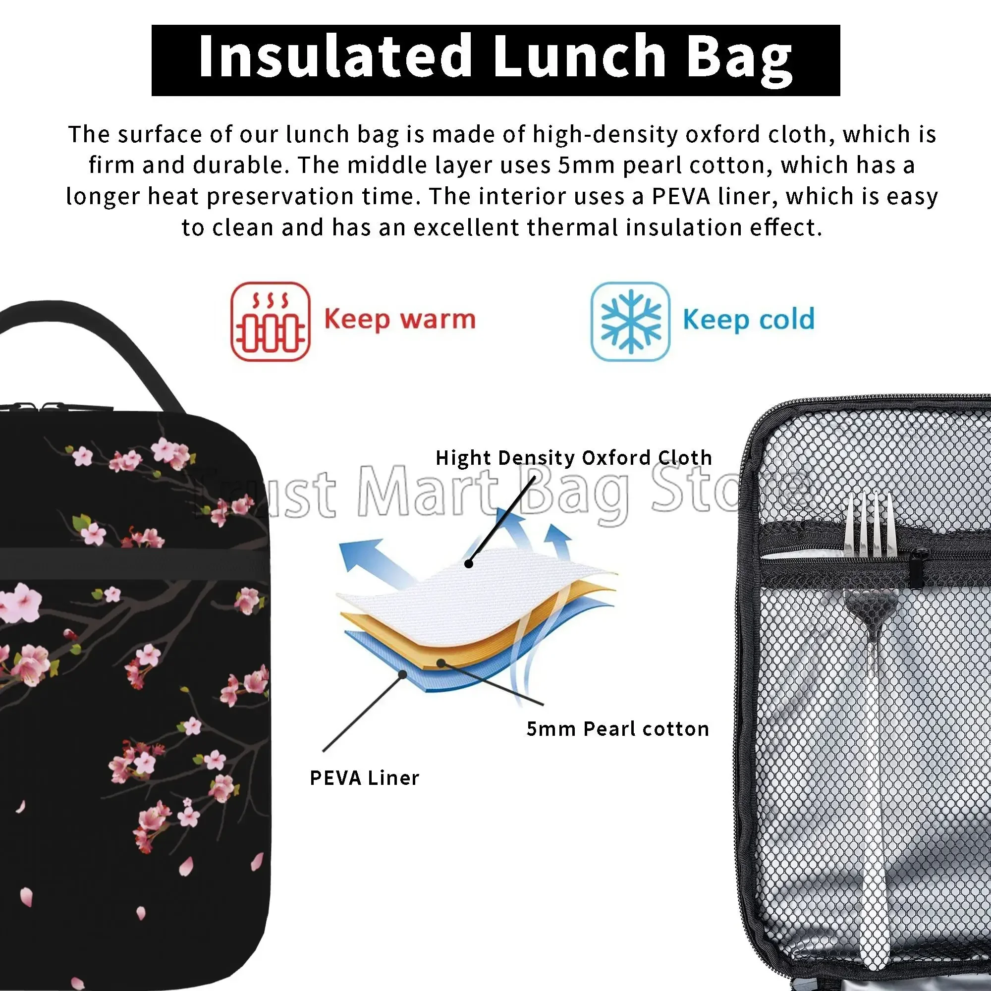 Japanese Sakura Cherry Blossoms Tree Insulated Lunch Bag Reusable Lunch Box for Work Picnic Beach Leakproof Cooler Bento Tote