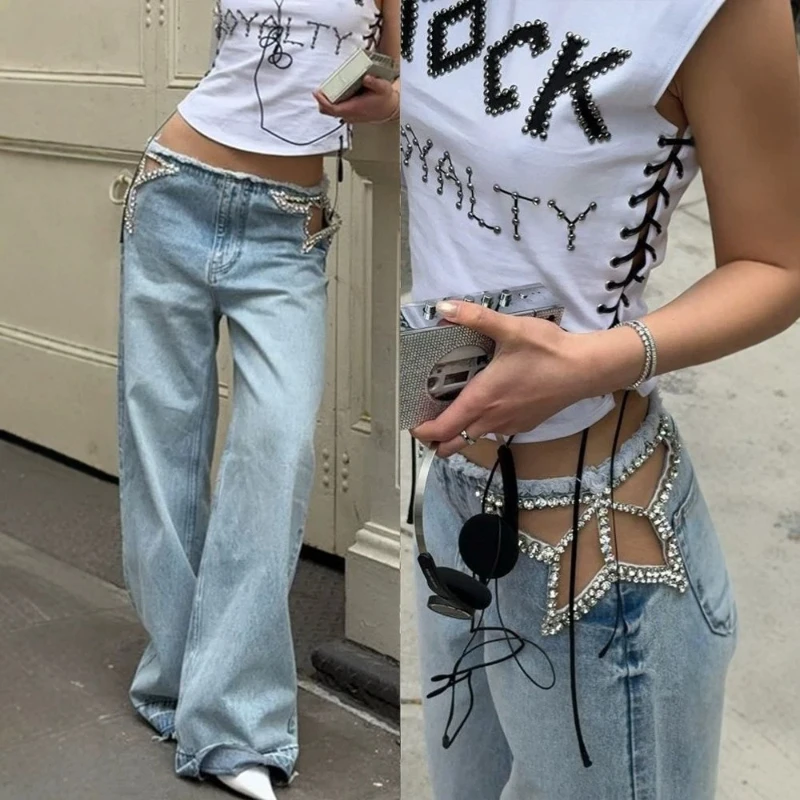 Denim Pant Women Jeans Vintage Wide Leg Long Pants High Waist Trousers Y2k Streetwear Elegant Work Casual Hollow Out Sexy