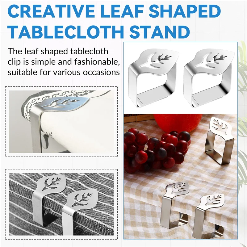 A56T-8 Pcs Silver Stainless Steel Tablecloth Clip Creative Leaf-Shaped Table Fixing Clip Thickened Non-Slip Tablecloth Rack