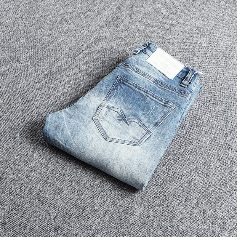 Streetwear Fashion Men Jeans Elastic Retro Light Blue Elastic Slim Ripped Jeans Men Vintage Designer Casual Denim Pants Homvbre