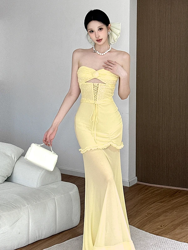 WEIRD PUSS Fre citron doux odeur sangle conception fleur creuse embelli Tube Dr mince Long Dr taille haute une épaule