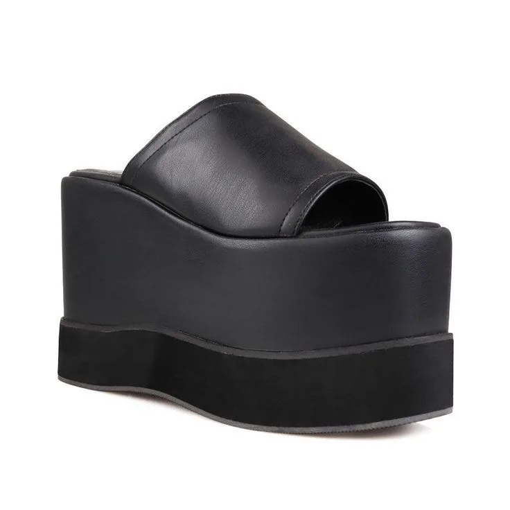 Punk Style Black Round Toe Platform Summer Women Slippers Wedges High Heels Pull On Design Large Size Cosplay Lolita Shoes
