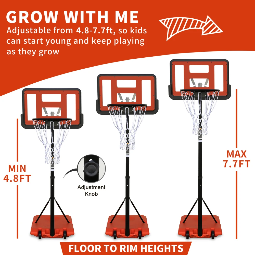 Use for Outdoor Height Adjustable4.8 to 7.7ft Hoop 44 Inch Backboard Portable Basketball Goal System with Stable Base and Wheels