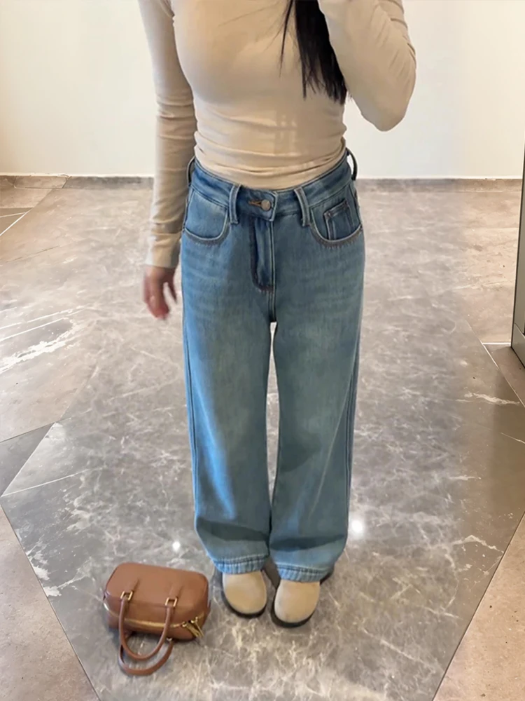 Jean en Denim à jambes larges pour femme, Slim, taille haute, bleu clair, pantalon Tube droit, décontracté, automne hiver