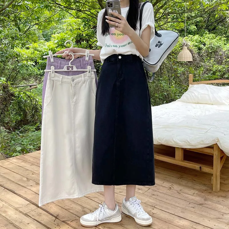 กระโปรงทรงเอเอวสูงผ่าข้างสำหรับสาวพลัสไซส์ ผ้ายีนส์สีขาว เนื้อผ้าฝ้ายแท้ เหมาะสำหรับเดินทางไปทำงาน