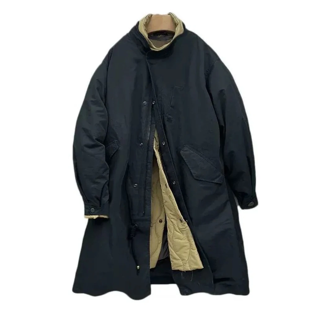 Autumn And Winter New Thick Retro Fake Two-Piece Stand-Up Collar Medium-Long Cotton Jacket Mens Versatile Casual Loose Y2k Coat