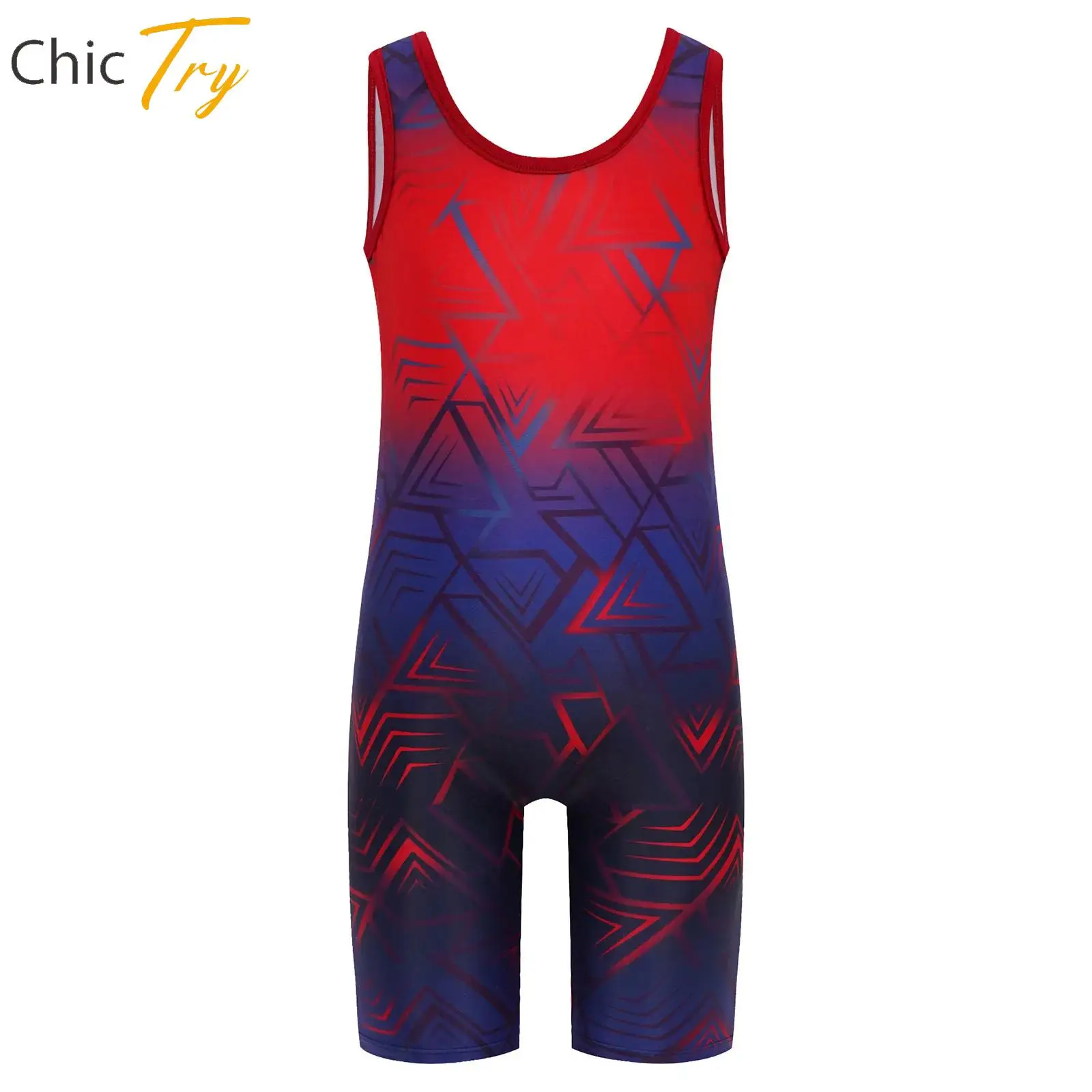 Geometric Printed Kids Boys Sports Jumpsuits Wrestling Singlet Sleeveless Bodysuits Cycling Workout Gym Yoga Activewear Swimwear