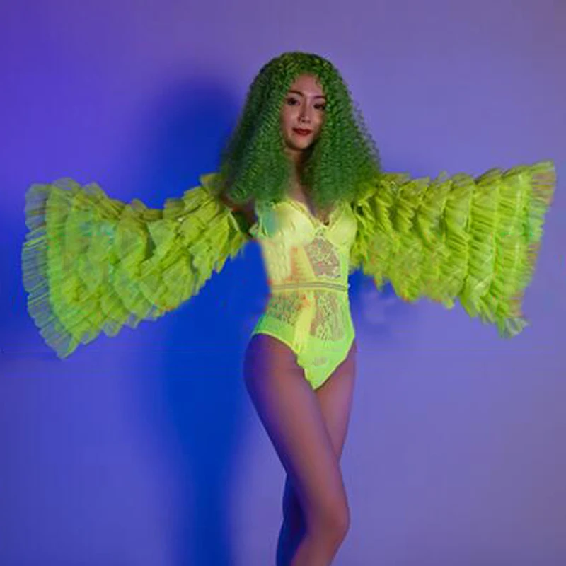 Nightclub Dj Ds Gogo Costume Fluorescent Green Cake Sleeve Bodysuit Set Exaggerated Horn Headwear Pole Festival Outfit XS4677