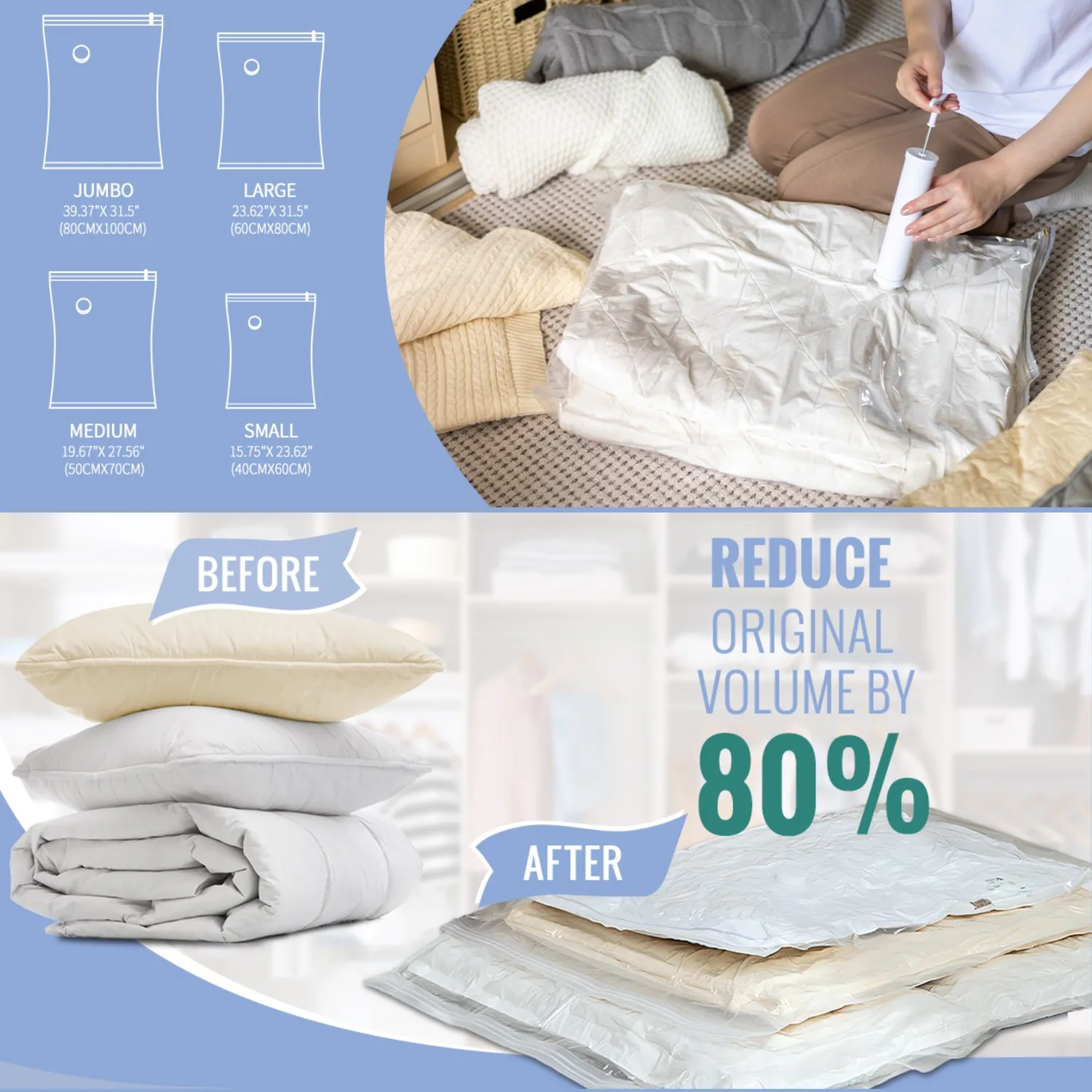 أكياس تخزين مكنسة متعددة الأحجام مع أكياس محكمة الغلق بمضخة لتنظيم أكياس توفير المساحة لمنظم الملابس والملابس