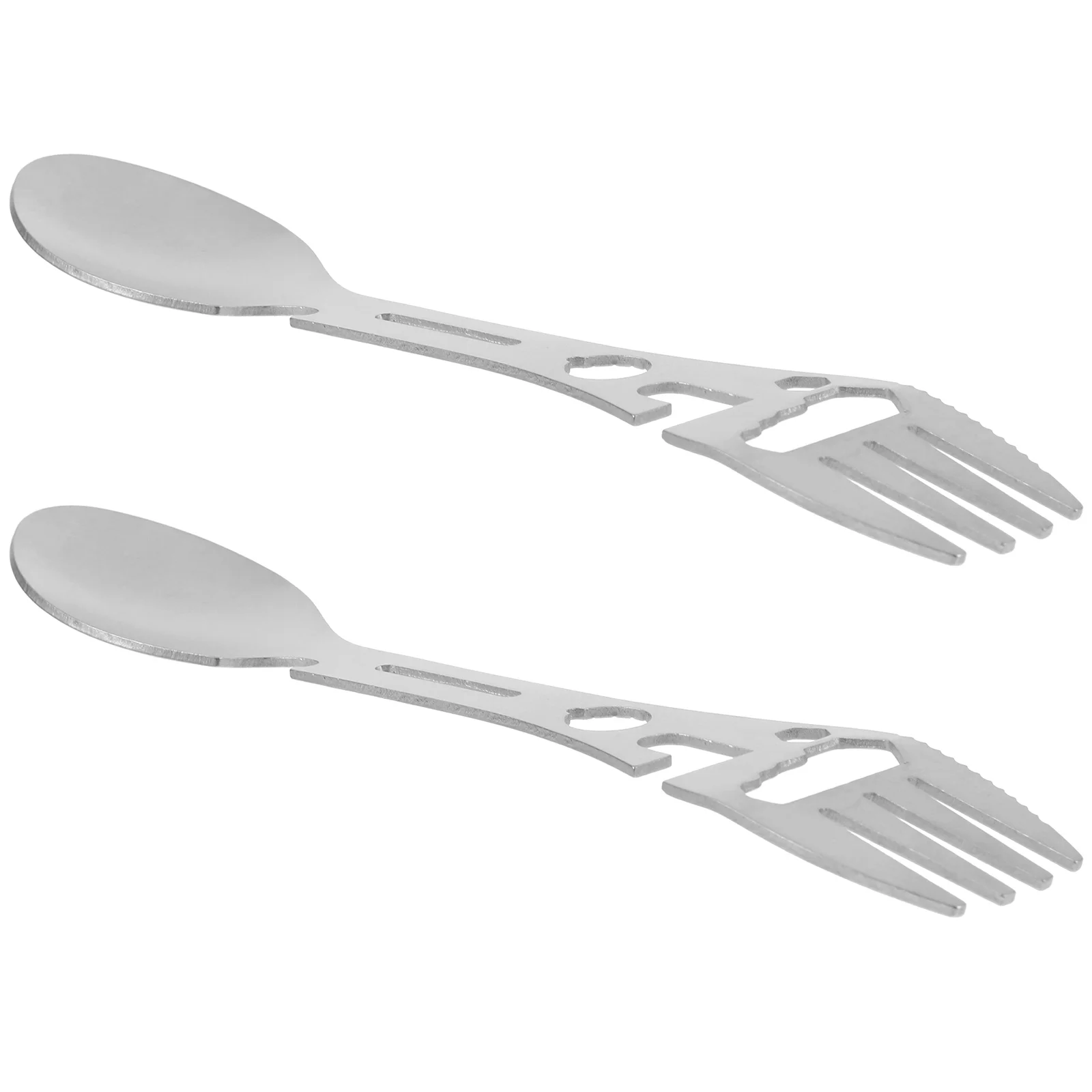 

2pcs Camping Cutlery Stainless Steel Spork Fork Spoon Multifunctional Outdoor Tableware Portable Kitchen Utensil Bottle Opener