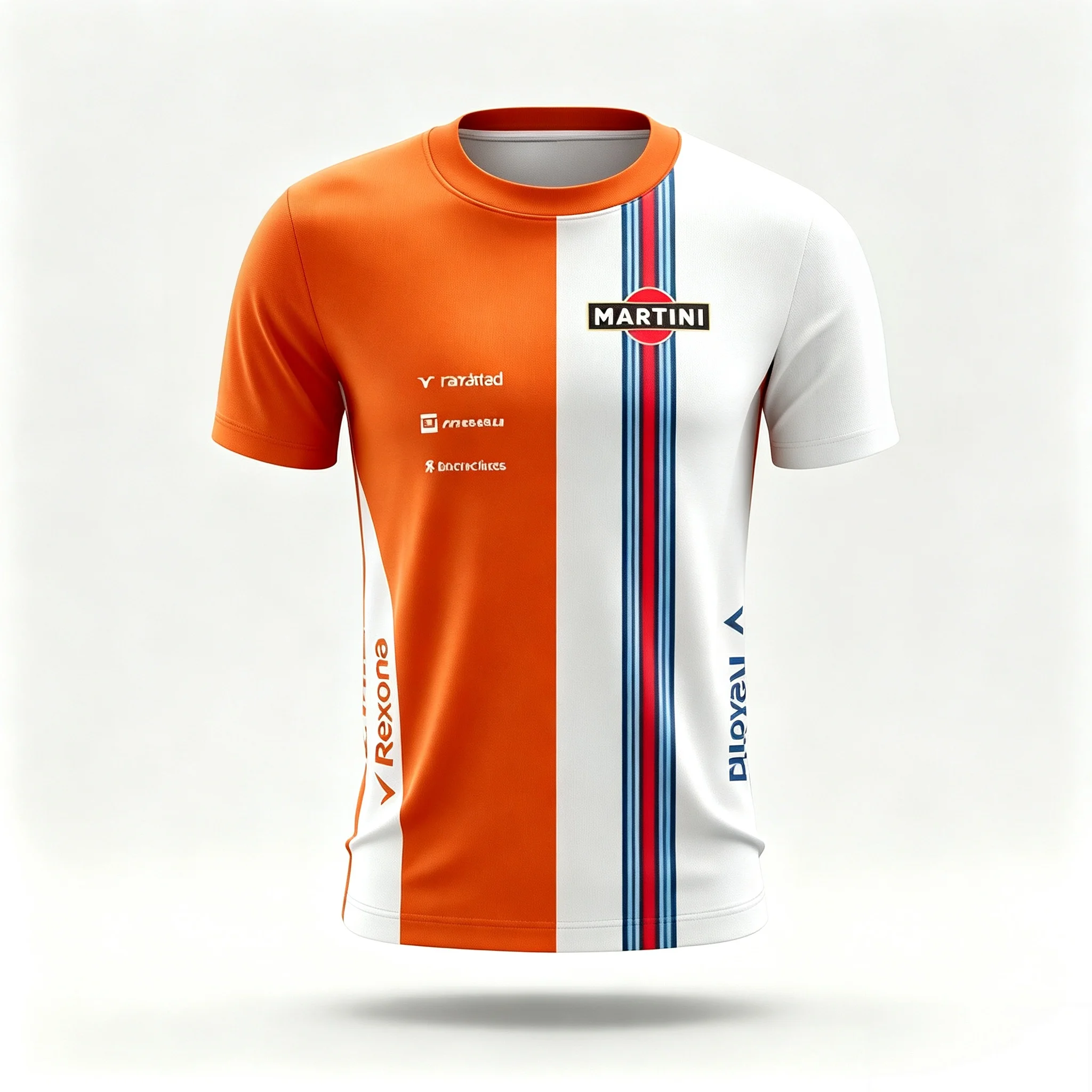 Herren-Martini-Renntrikot, orange-weiß, zweifarbige, vertikale Streifen, kurzärmelig, Motorsport-Fan-Shirt, passende Familienkleidung. – Detail 7