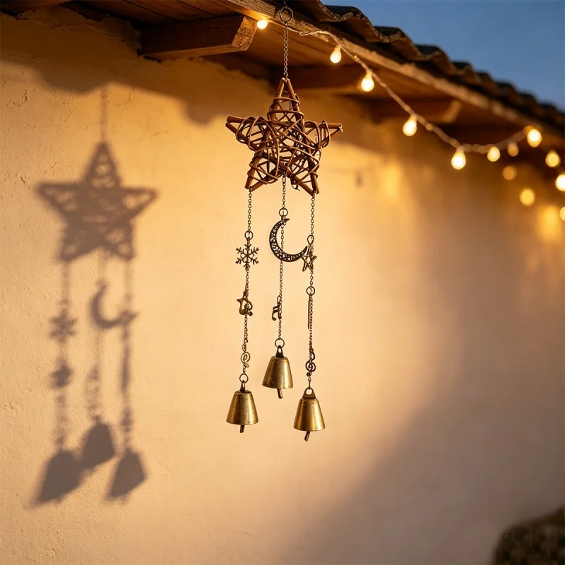 Courtyard Vintage Christmas Wind Chime Hanging Ornament Pentagram Rattan Wreath Bell Musical Note Mediterranean Home Wall Decor