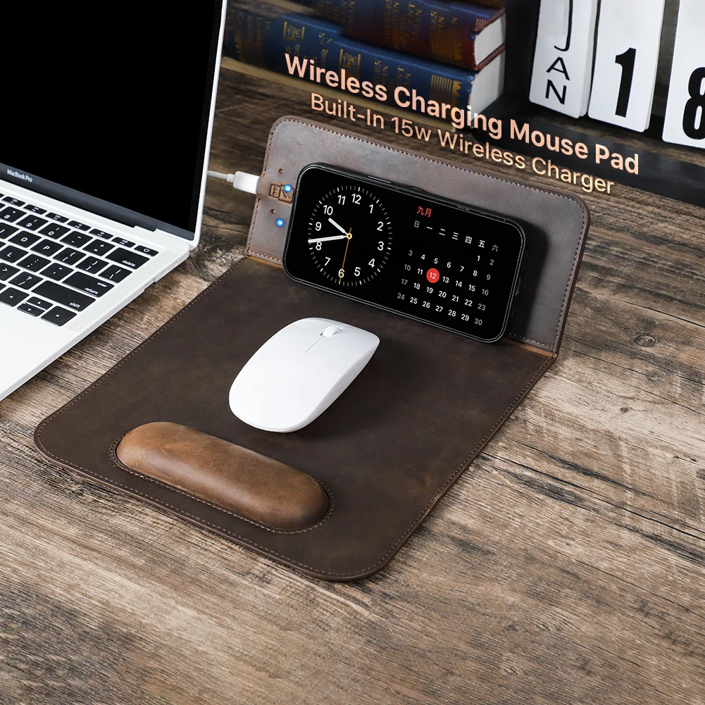 

Retro Cowhide Leather Wireless Mouse Pad Computer IOS Android Phone 15w Fast Charging Waterproof Desk Mat Wrist Rest Office