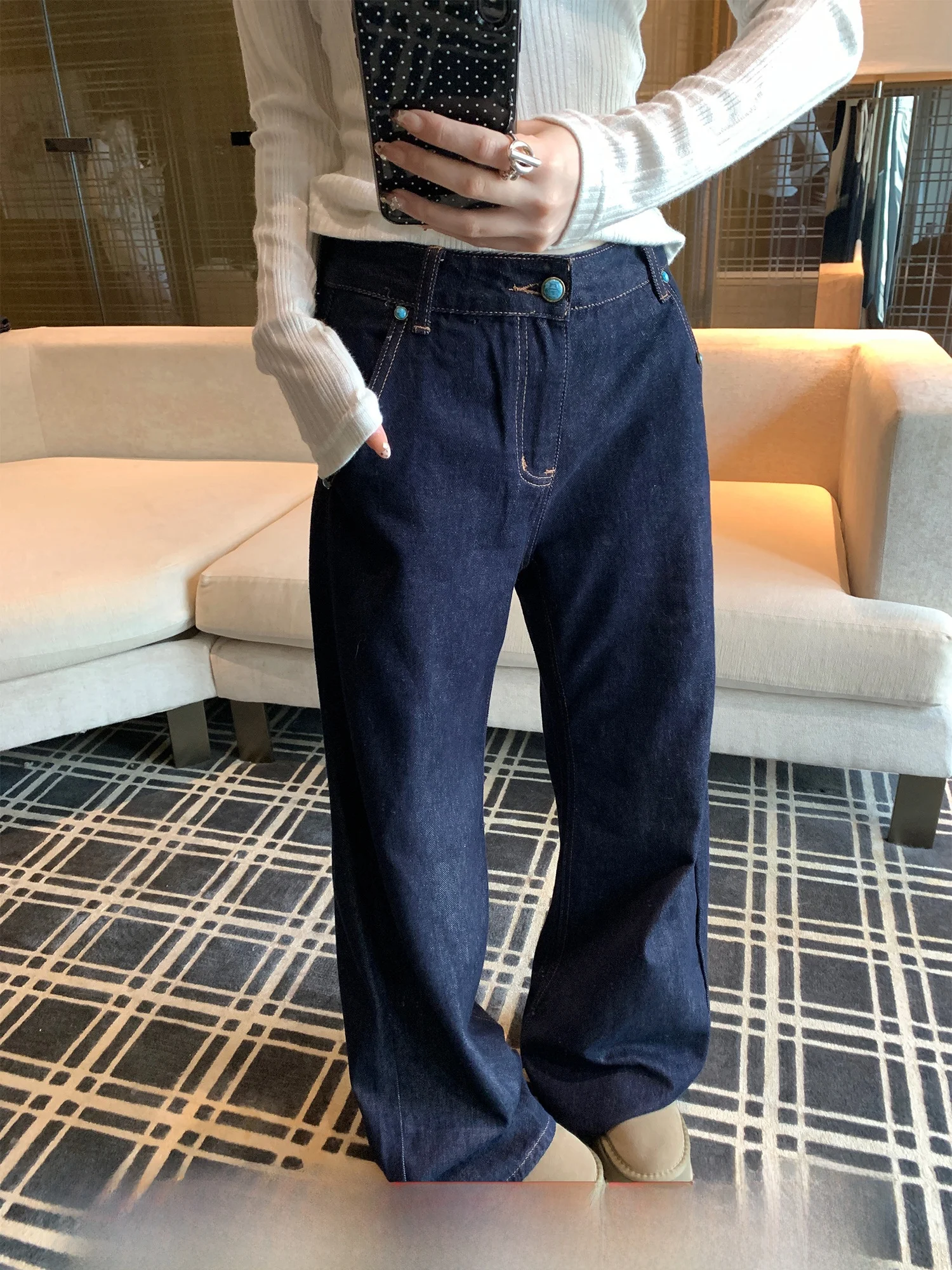 

Темно-синие прямые джинсовые джинсы бирюзового цвета, уникальные красивые брюки с широкой талией, цвет деталей