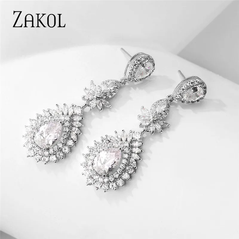 ZAKOL New Retro Style Shiny Big Water Drop Shape Cubic Zirconia Pendant Dangle Earrings Luxurious Women Bridal Jewelry FSEP5049