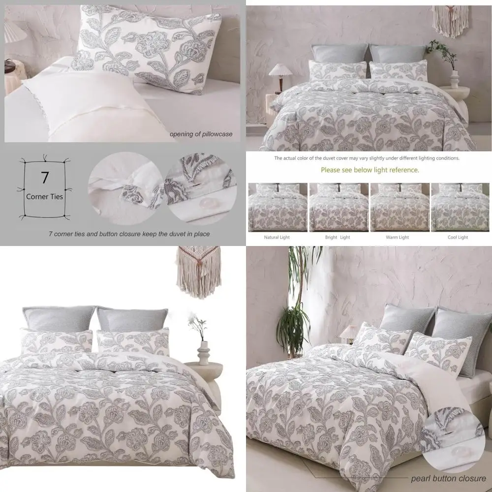 

Queen Size Cotton Blended Jacquard Duvet Cover Set with Jacobean Floral Pattern in Grey