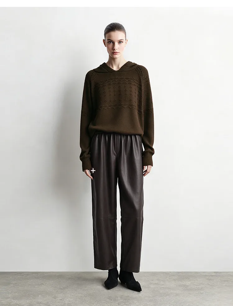 Amii Women Wide Leg Pants Mid Rise Elastic Waist Ankle Length Solid 2026 Autumn Commute Loose Casual Woman PU Trousers 12643003