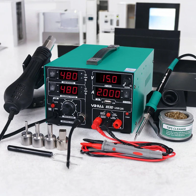 YIHUA 853D Soldering Station Rework Station 4 in 1 Hot Air Gun Soldering Iron USB Output 15V 2A DC Power Supply BGA Welding Tool