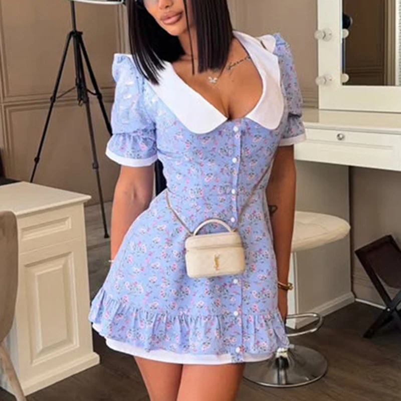 

Talenza Print Lapel Dress Women's V Neck Short Sleeve Single Breasted Gossip Mini Dress 2025 Female Casual Vacation Slim Dress