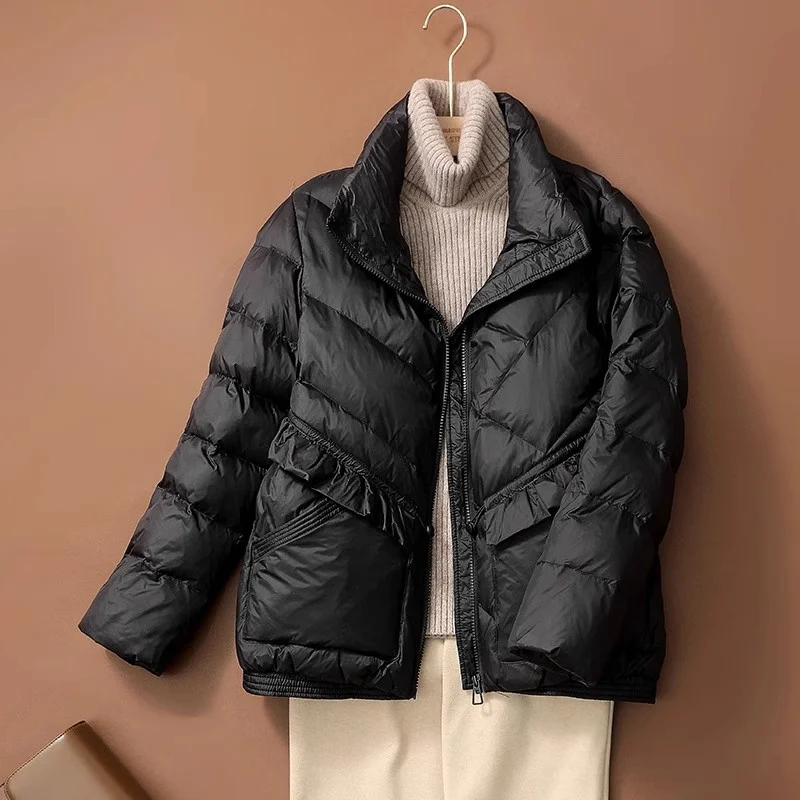 2023 Autumn Winter Women Stand Collar Oversize Down Coat Warm Thick White Duck Down Jacket Ladies Short Quilted Puffer Parkas