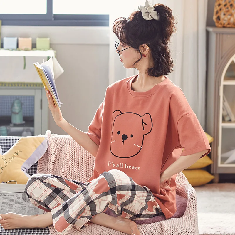 Women Pajamas Set Korean Version of the Autumn and Winter Cartoon Bear Christmas Pajamas Round Neck Long Sleeve Trousers 2 Piece