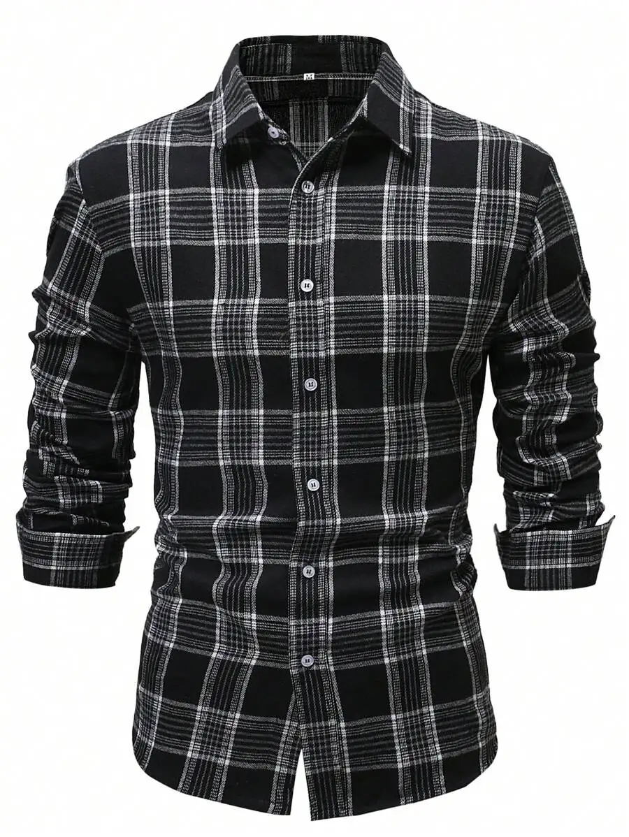 

Men's Black and White Plaid Casual Button-Up Long Sleeve Shirt for Fall