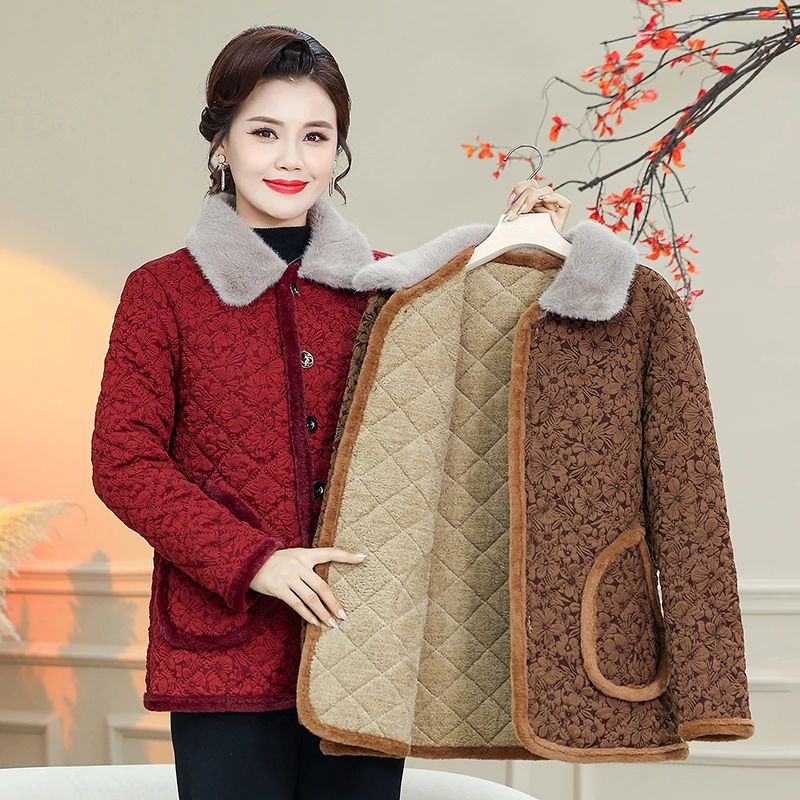 

Mother Winter Cotton Clothes Plush Thick Warm Padded Coat Middle Aged Mother Casual Jacket