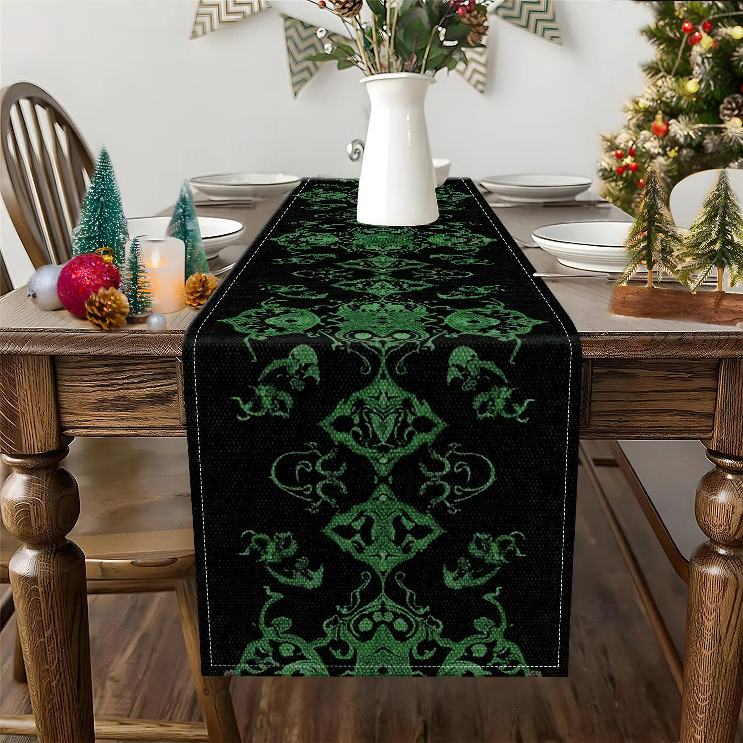 1 Piece of Dark and Mysterious Emblem-Themed Table Runner with Green Patterns and White Crow Motifs, Suitable for Mysterious Spaces and Fantasy Party Decorations
