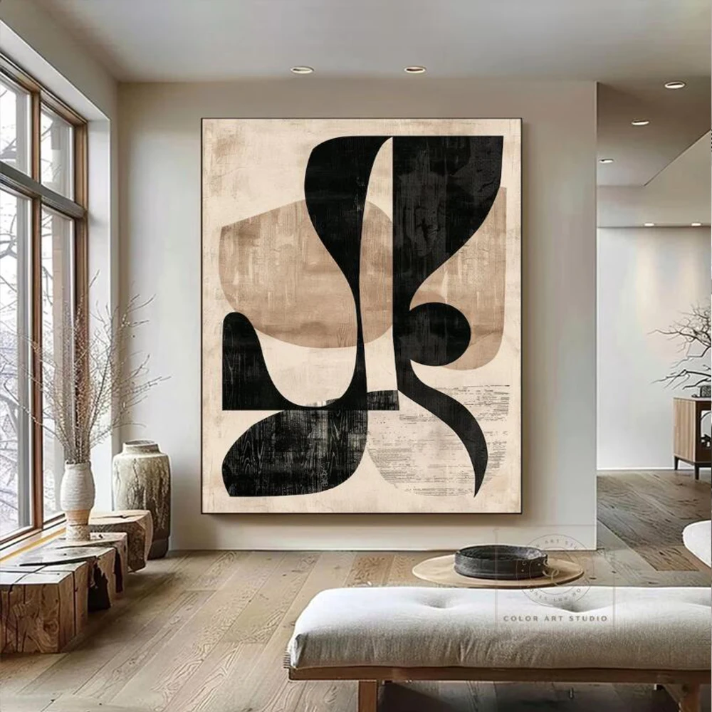 100% Handmade Abstract Oil Painting Black Gray Line Thick Textured Wall Art Picture Large Mural For Home Living Room Decor Image