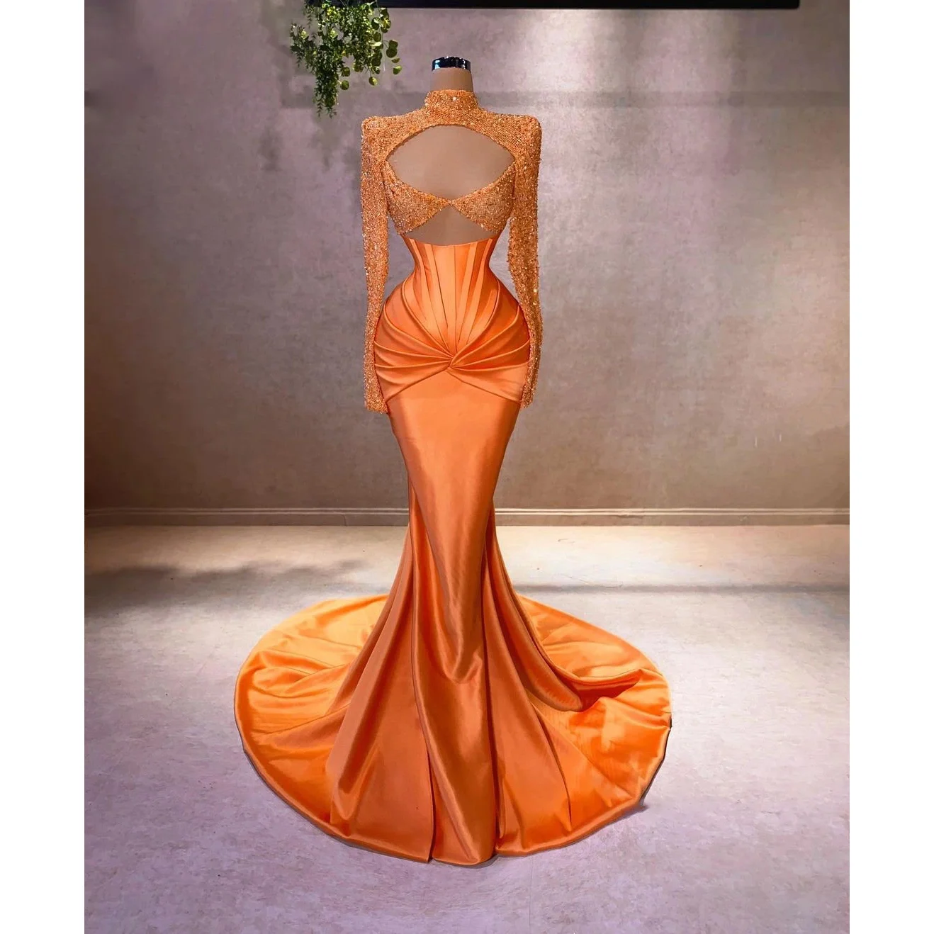 KSDN Orange Chic Prom Dress Sequined Pleat Long Sleeve High-Neck Floor Length Sweep Train Satin Sexy Evening Gown Luxury Dresses