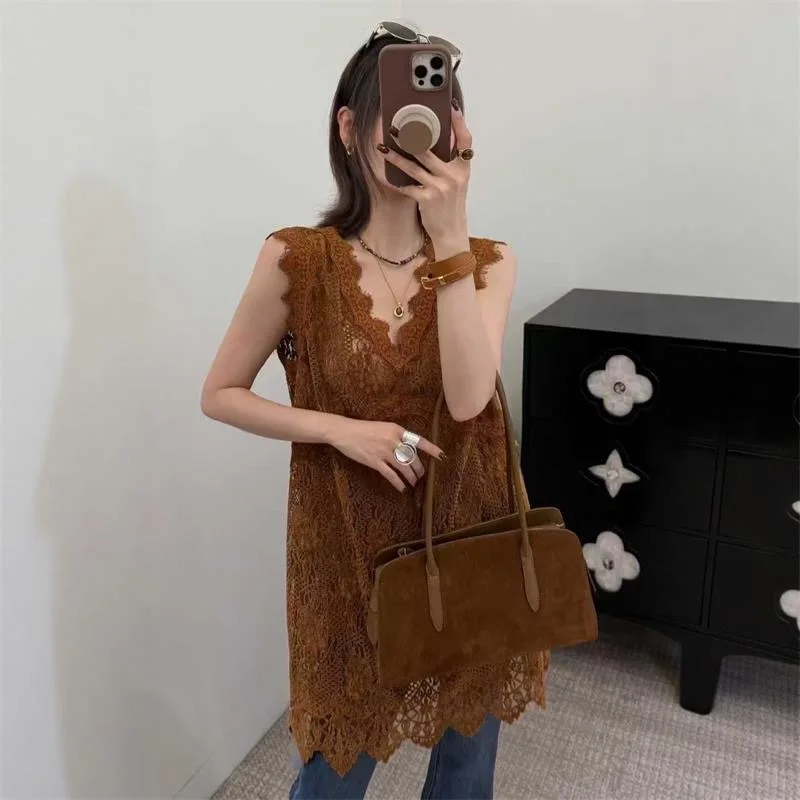 Abito senza maniche in pizzo con scollo a V trasparente a uno strato Primavera Estate Donna Abiti copricostume sexy scavati in cammello nero caffè