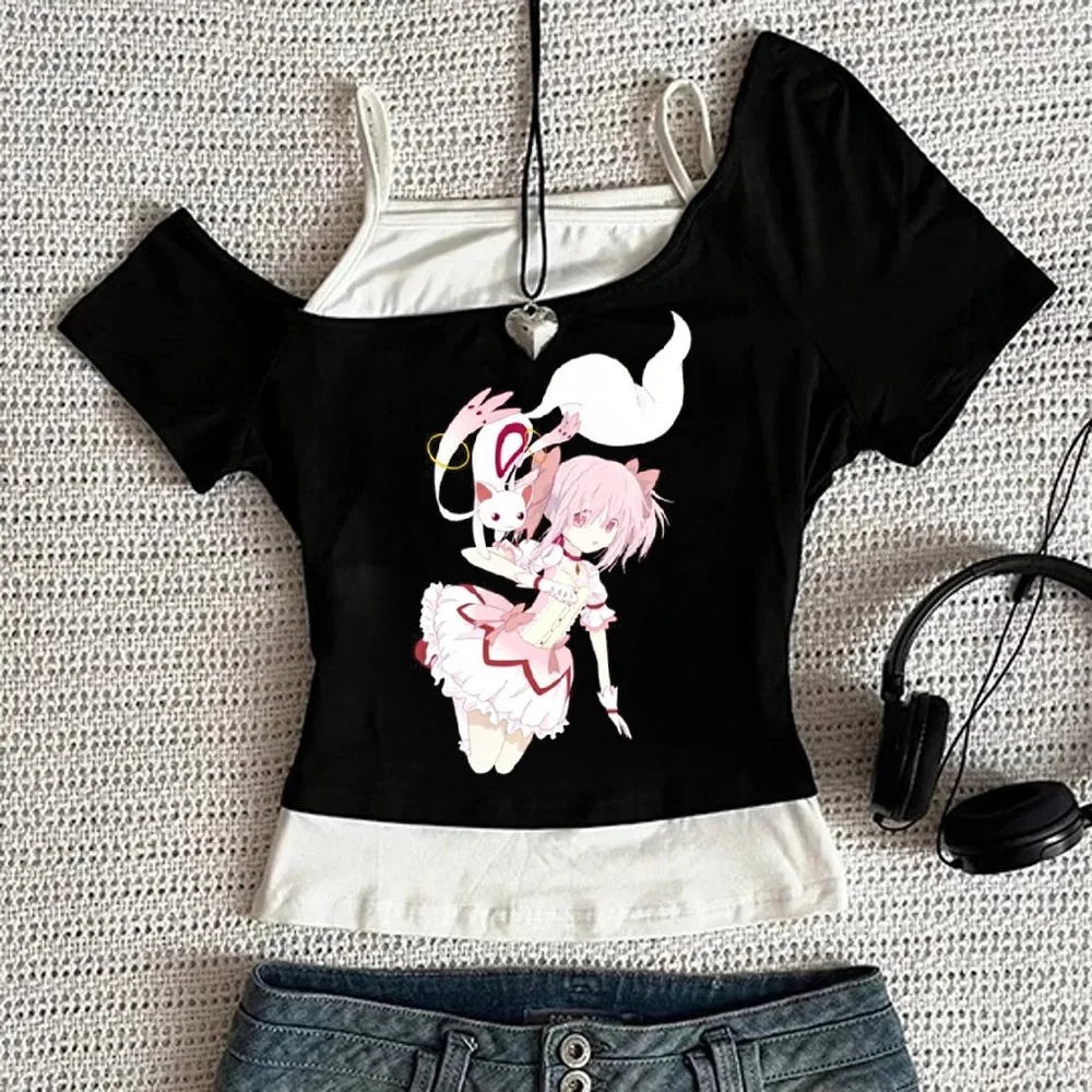 Madoka Magica crop top girl meme cute emo alternative  jojifuku top tees gothic alternative  streetwear cutecore clearance sales