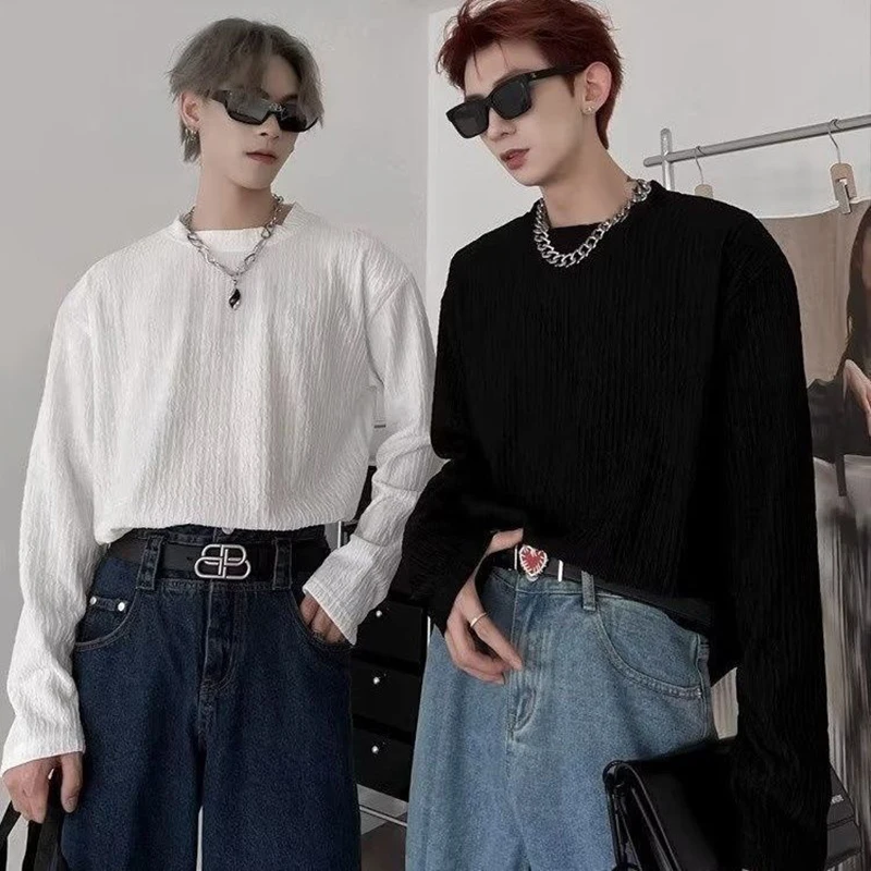 

Men's Fashion Niche Design Loose Long Sleeve T-shirt, Textured Crew Neck Solid Color Casual Top, Trendy Spring Autumn Base Shirt