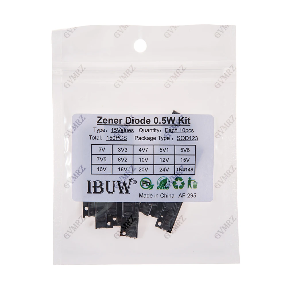 150PCS 15Values 0.5W Zener Diode Kit 3V-24V 1N4148 SOD123 for Voltage Regulation Projects 3V3 4V7 5V1 5V6 7V5 8V2 12V 20V 24V