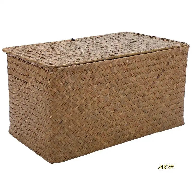 

4X Handmade Straw Woven Storage Basket With Lid Makeup Storage Box Seagrass Laundry Baskets Rattan Jewelry Box(M)